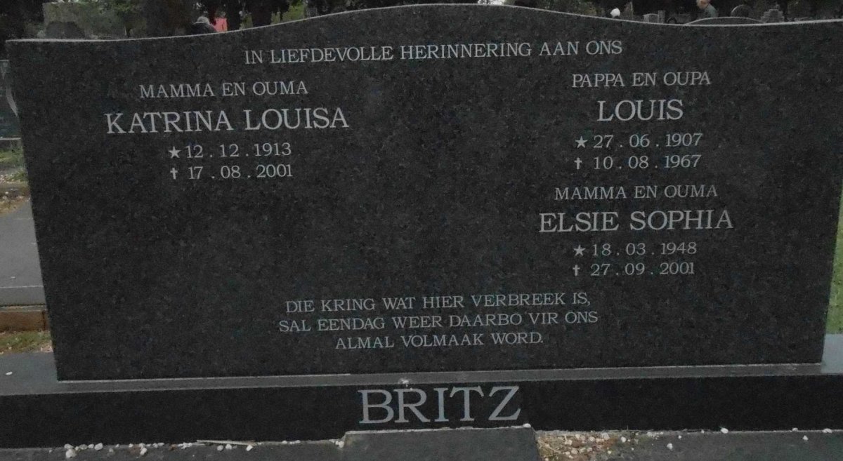 BRITZ Louis 1907-1967 &amp; Katrina Louisa 1913-2001 :: BRITZ Elsie Sophia 1948-2001