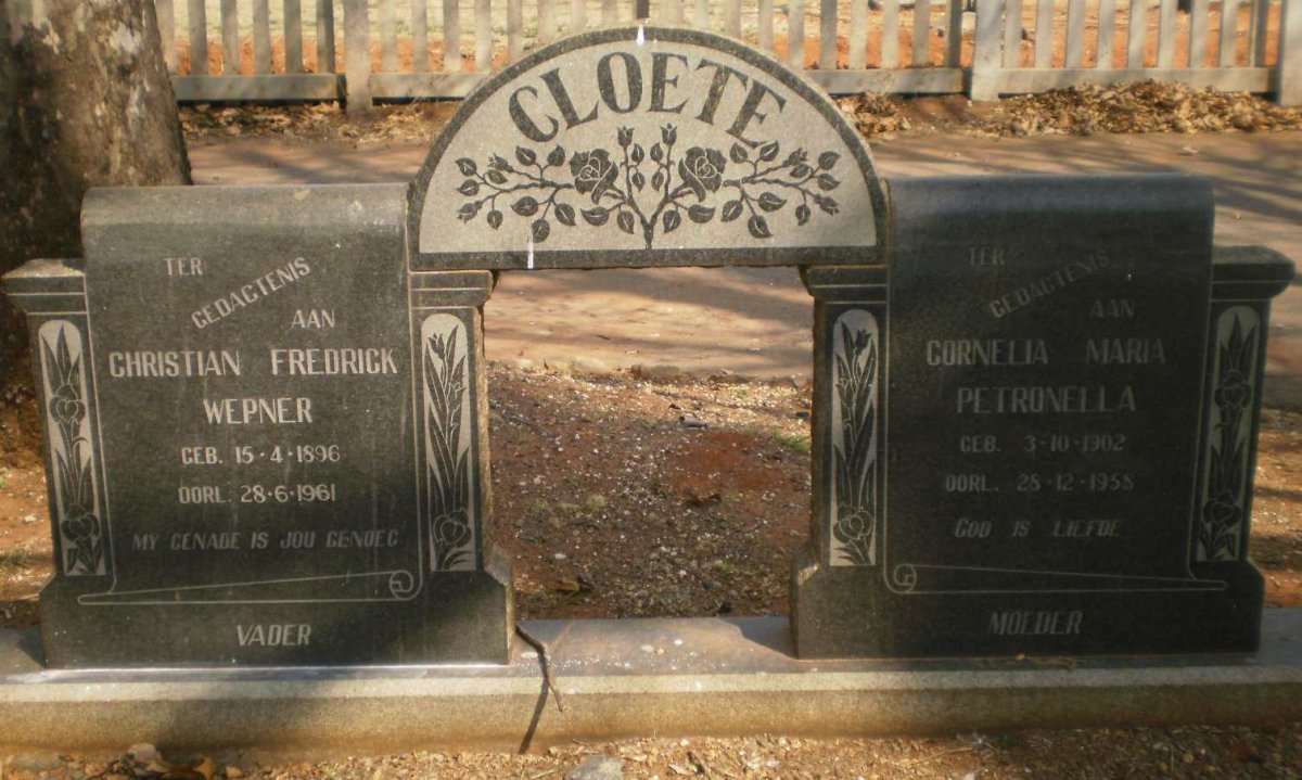 CLOETE Christiaan Fredrick Wepner 1896-1961 &amp; Cornelia Maria Petronella 1902-1958