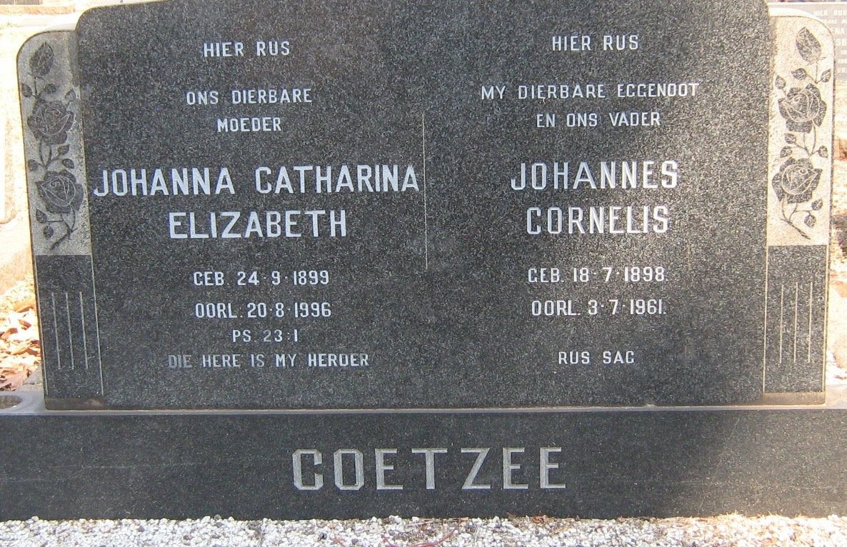 COETZEE Johannes Cornelis 1898-1961 &amp; Johanna Catharina Elizabeth 1899-1996
