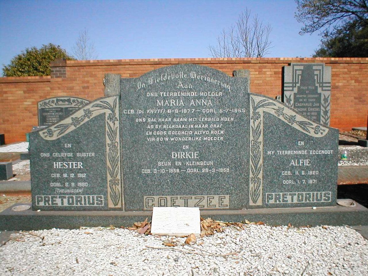 COETZEE Maria Anna 1877-1955 :: PRETORIUS Alfie 1920-1971 &amp; Hester THEUNISSEN 1912-1980 :: COETZEE Dirkie 1958-1959