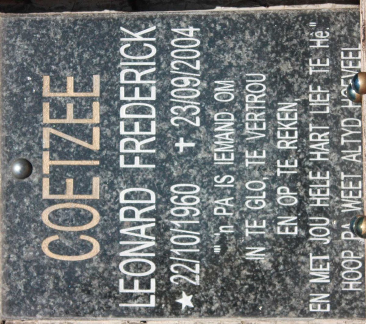 COETZEE Leonard Frederick 1960-2004