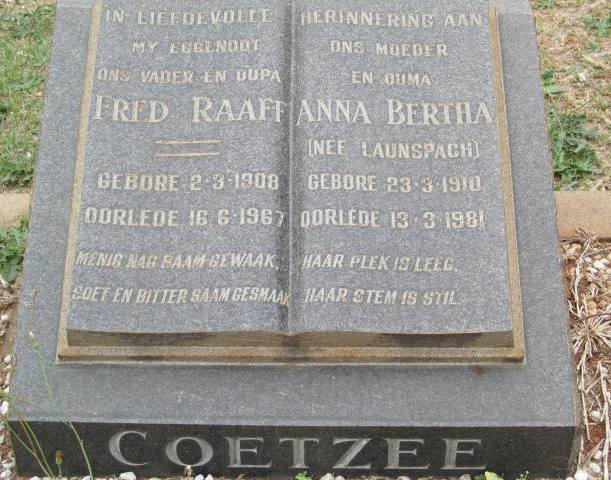 COETZEE Fred Raaff 1908-1967 &amp; Anna Bertha LAUNSPACH 1910-1981