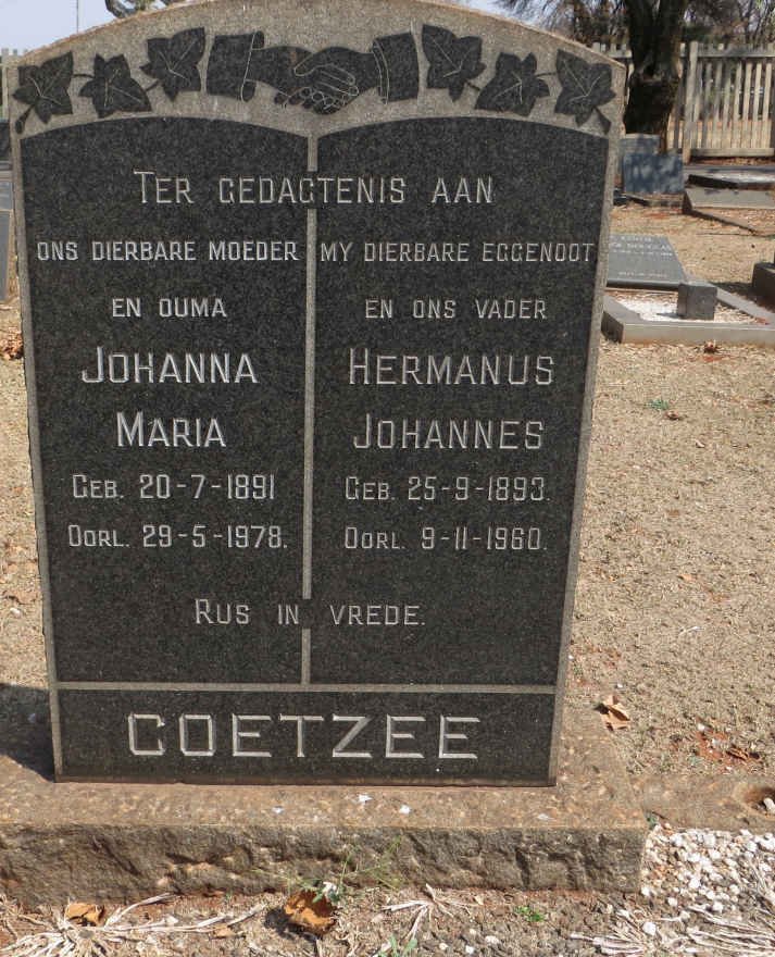 COETZEE Hermanus Johannes 1893-1960 &amp; Johanna Maria 1891-1978
