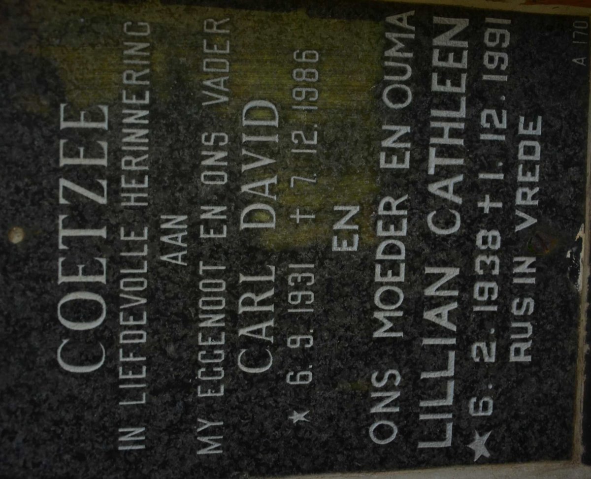 COETZEE Carl David 1931-1986 &amp; Lillian Cathleen 1938-1991