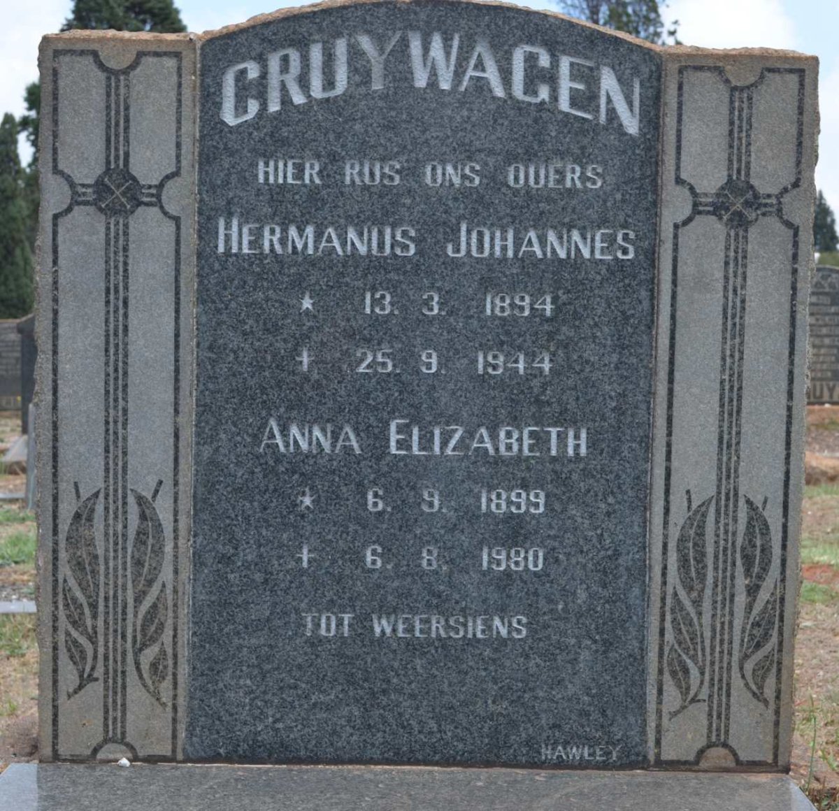 CRUYWAGEN Hermanus Johannes 1894-1944 &amp; Anna Elizabeth 1899-1980