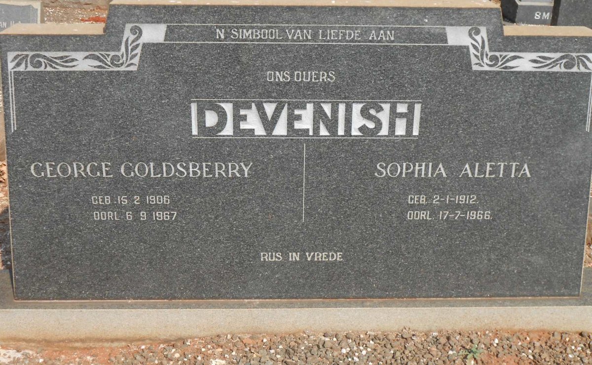 DEVENISH George Goldsberry 1906-1967 &amp; Sophia Aletta 1912-1966