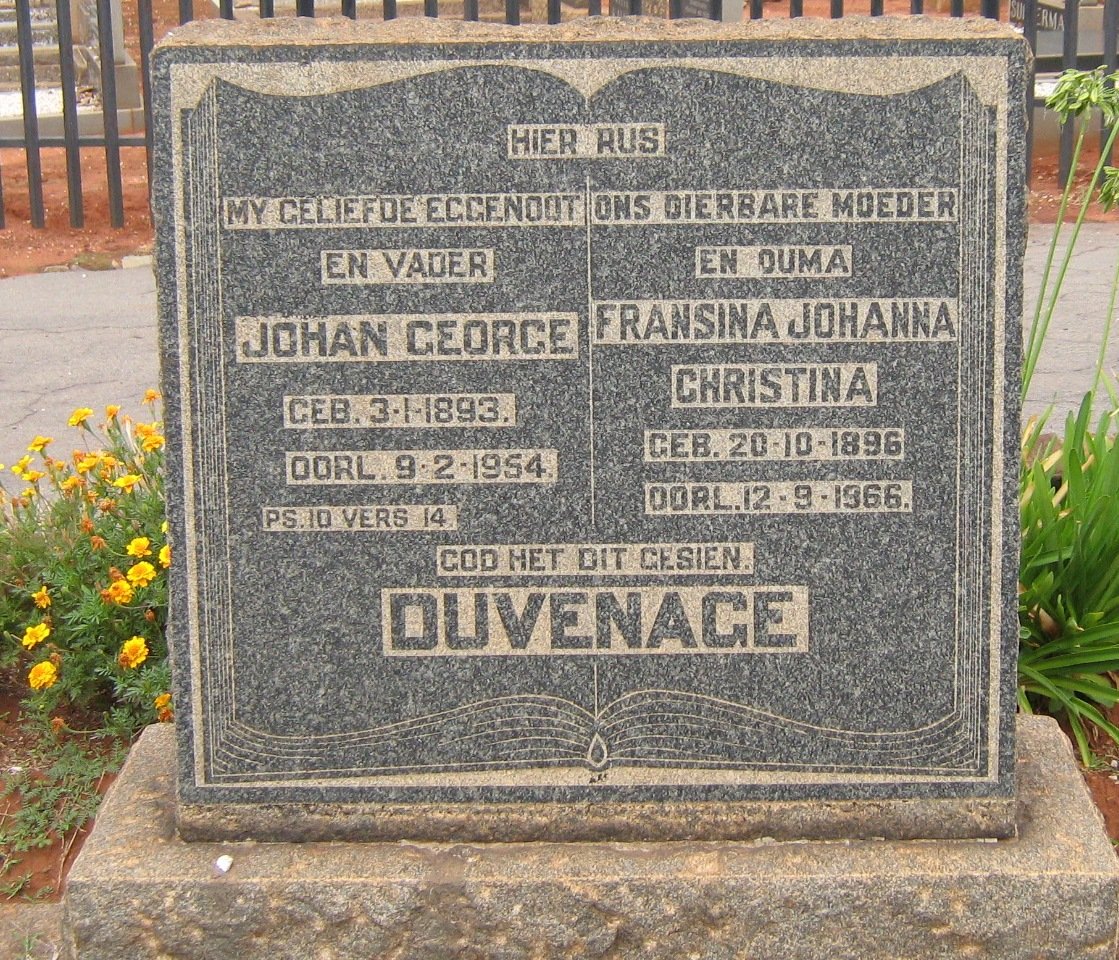 DUVENAGE Johan George 1893-1954 &amp; Fransina Johanna Christina 1896-1966