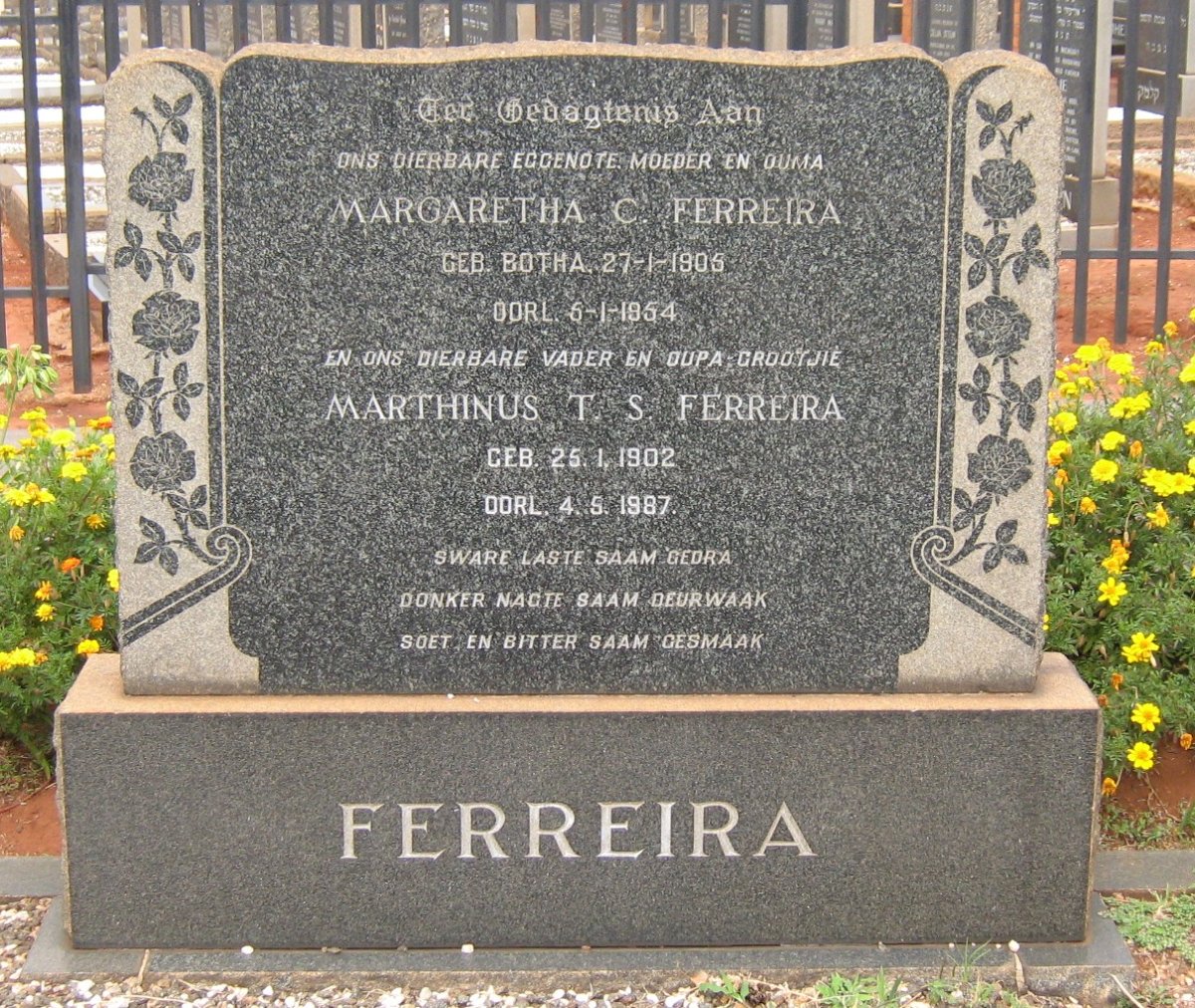 FERREIRA Marthinus T.S. 1902-1987 &amp; Margaretha C. BOTHA 1905-1954