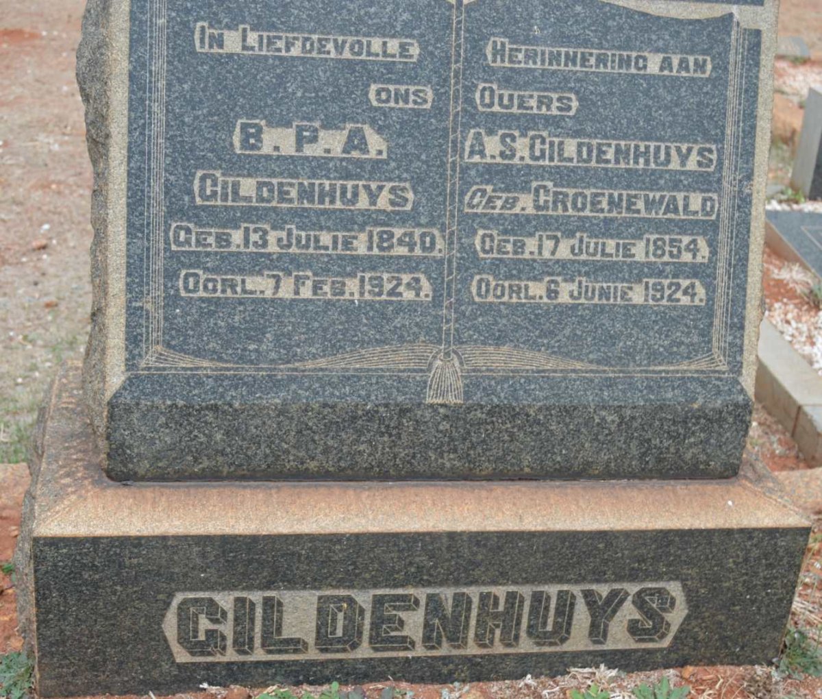 GILDENHUYS B.P.A. 1840-1924 &amp; A.S. GROENEWALD 1854-1924