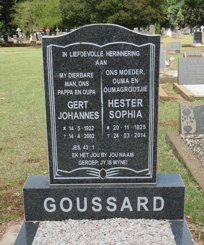 GOUSSARD Gert Johannes 1922-2002 &amp; Hester Sophia 1925-2014