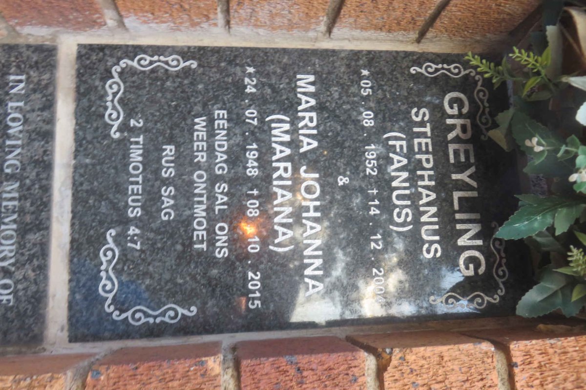 GREYLING Stephanus 1952-2004 &amp; Maria Johanna 1948-2015