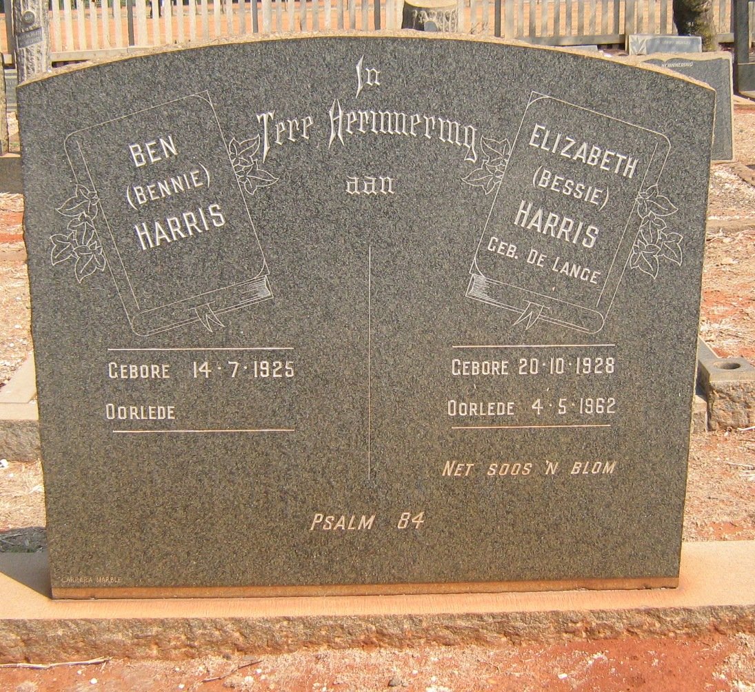 HARRIS Ben 1925- &amp; Elizabeth DE LANGE 1928-1962