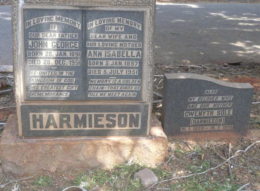 HARMIESON John George 1891-1951 &amp; Ann Isabella 1897-1951 :: SOLE Gwenyth nee HARMIESON 1929-1970
