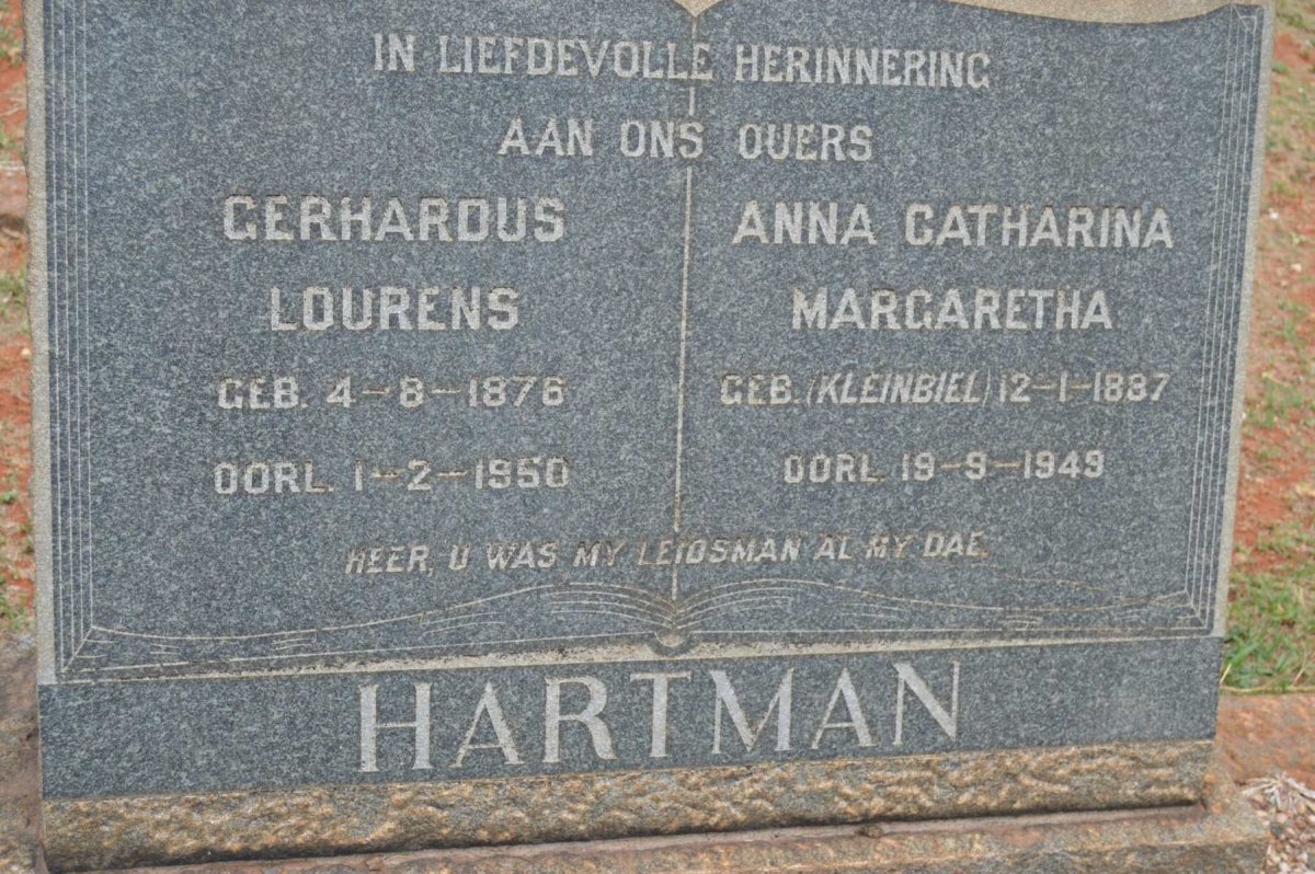 HARTMAN Gerhardus Lourens 1876-1950 &amp; Anna Catharina Margaretha KLEINBIEL 1887-1949