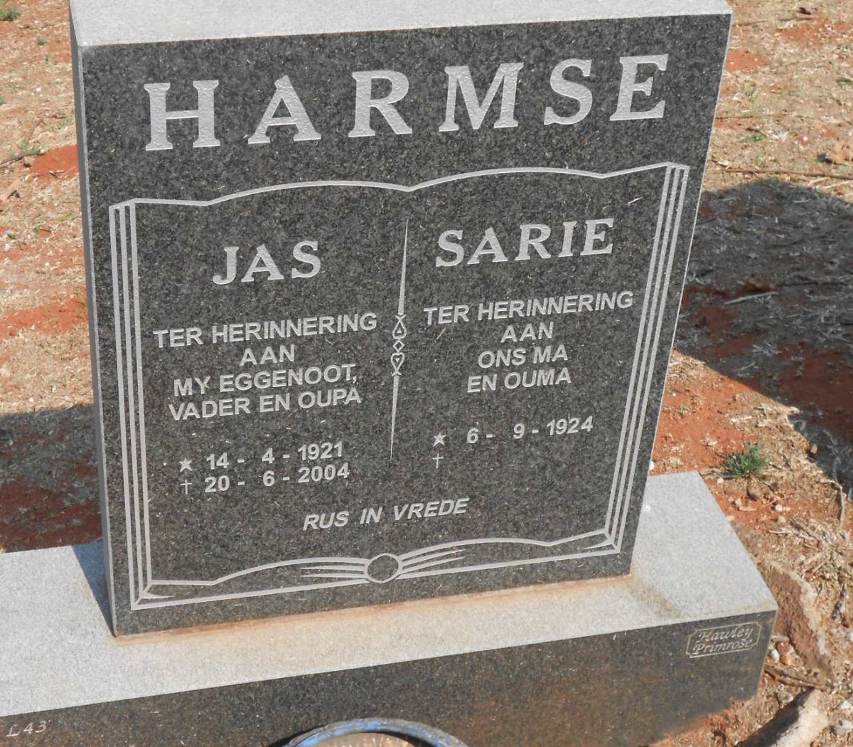 HARMSE Jas 1921-2004 &amp; Sarie 1924-
