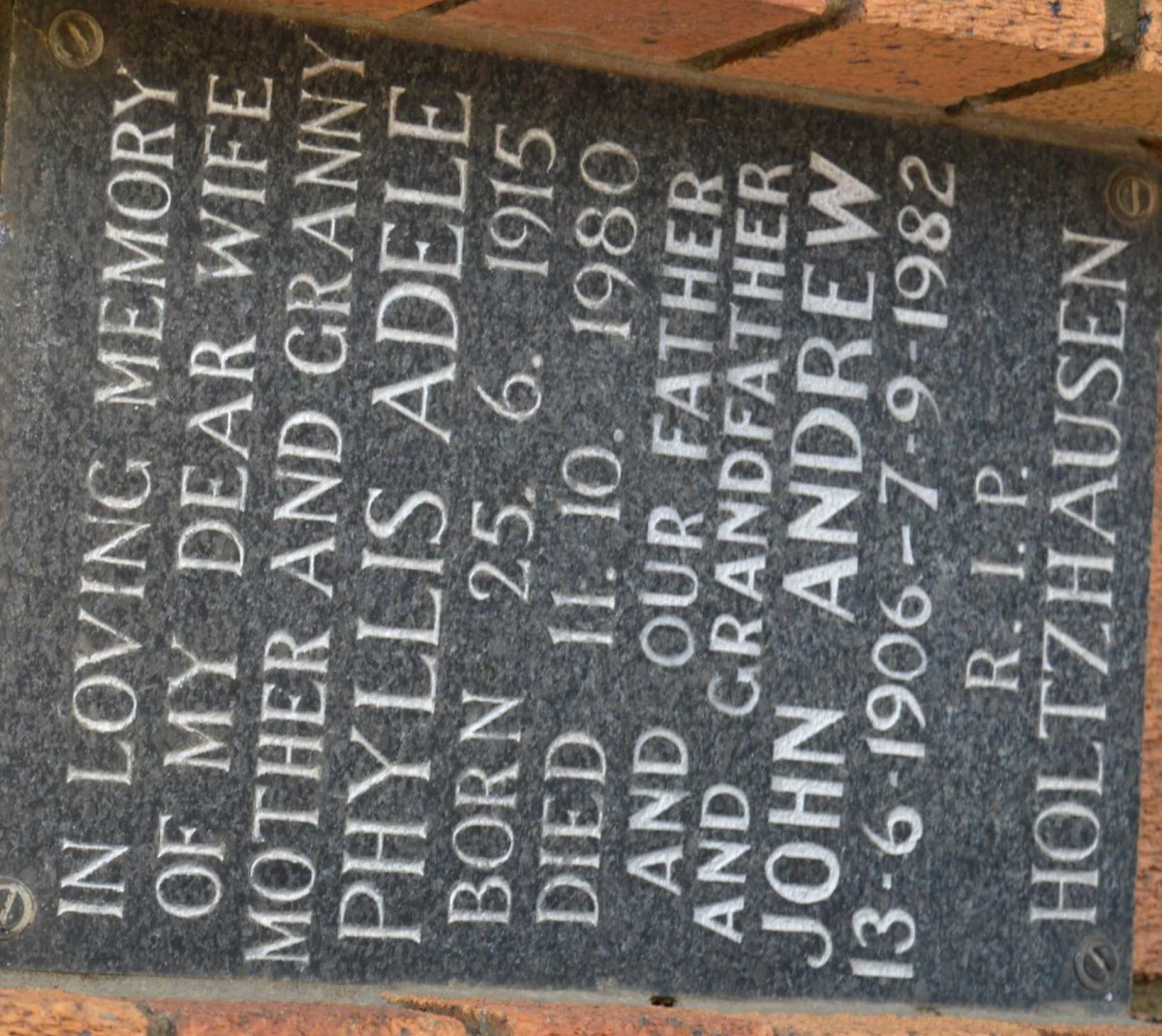 HOLTZHAUSEN John Andrew 1906-1982 &amp; Phyllis Adele 1915-1980