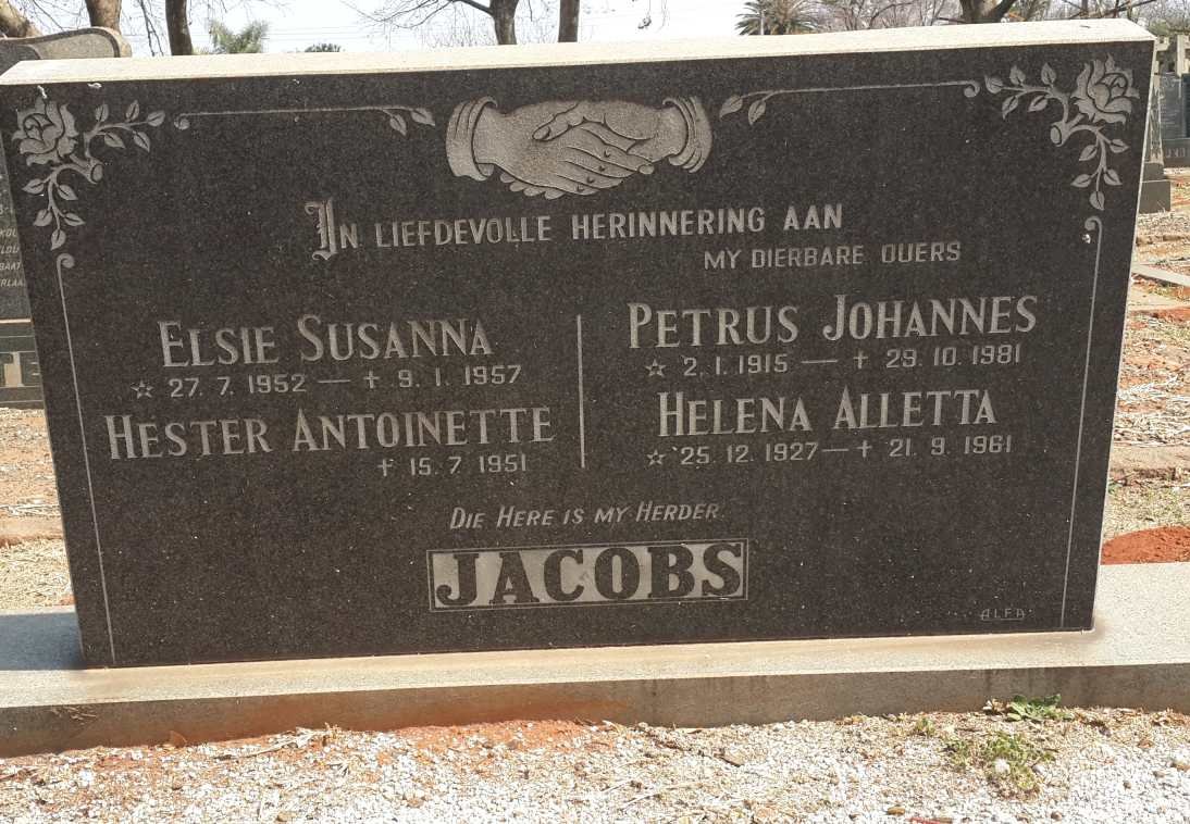 JACOBS Petrus Johannes 1915-1981 &amp; Helena Alletta 1927-1961