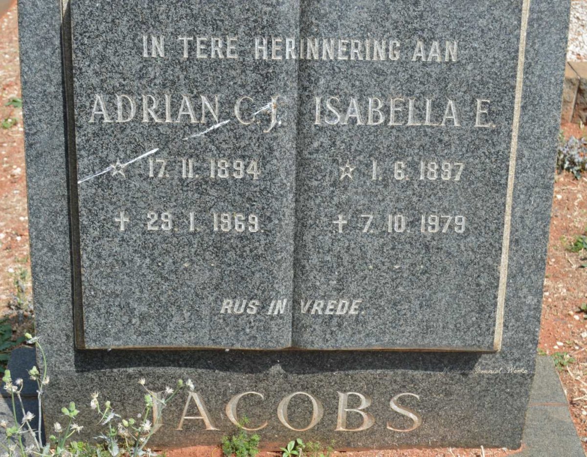 JACOBS Adrian C.J. 1894-1969 &amp; Isabella E. 1897-1979