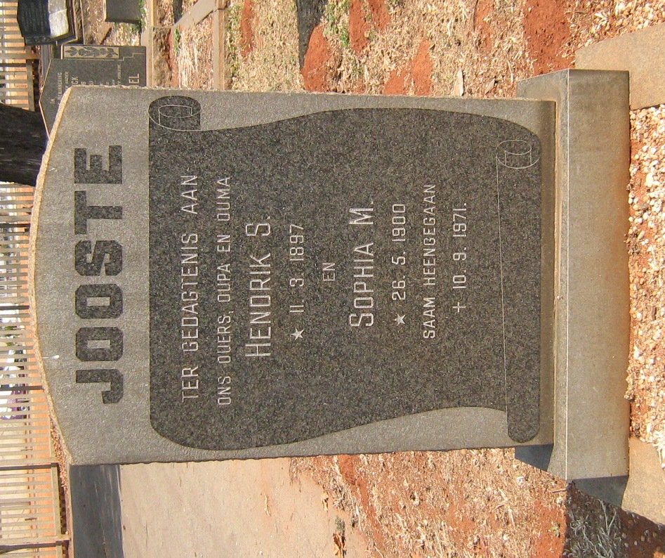 JOOSTE Hendrik S. 1897-1971 &amp; Sophia M. 1900-1971