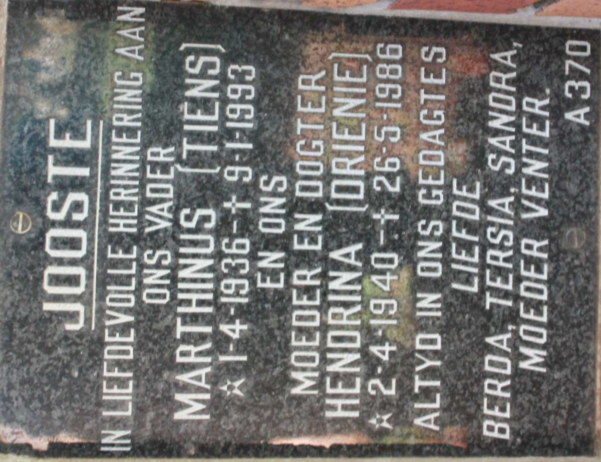 JOOSTE Marthinus 1936-1993 &amp; Hendrina 1940-1986