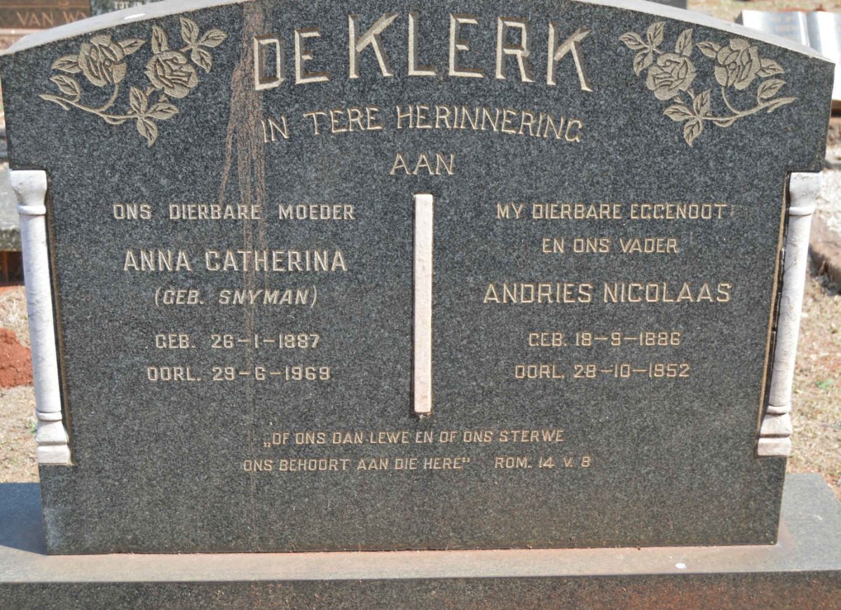 KLERK Andries Nicolaas, de 1886-1952 &amp; Anna Catherina SNYMAN 1887-1969