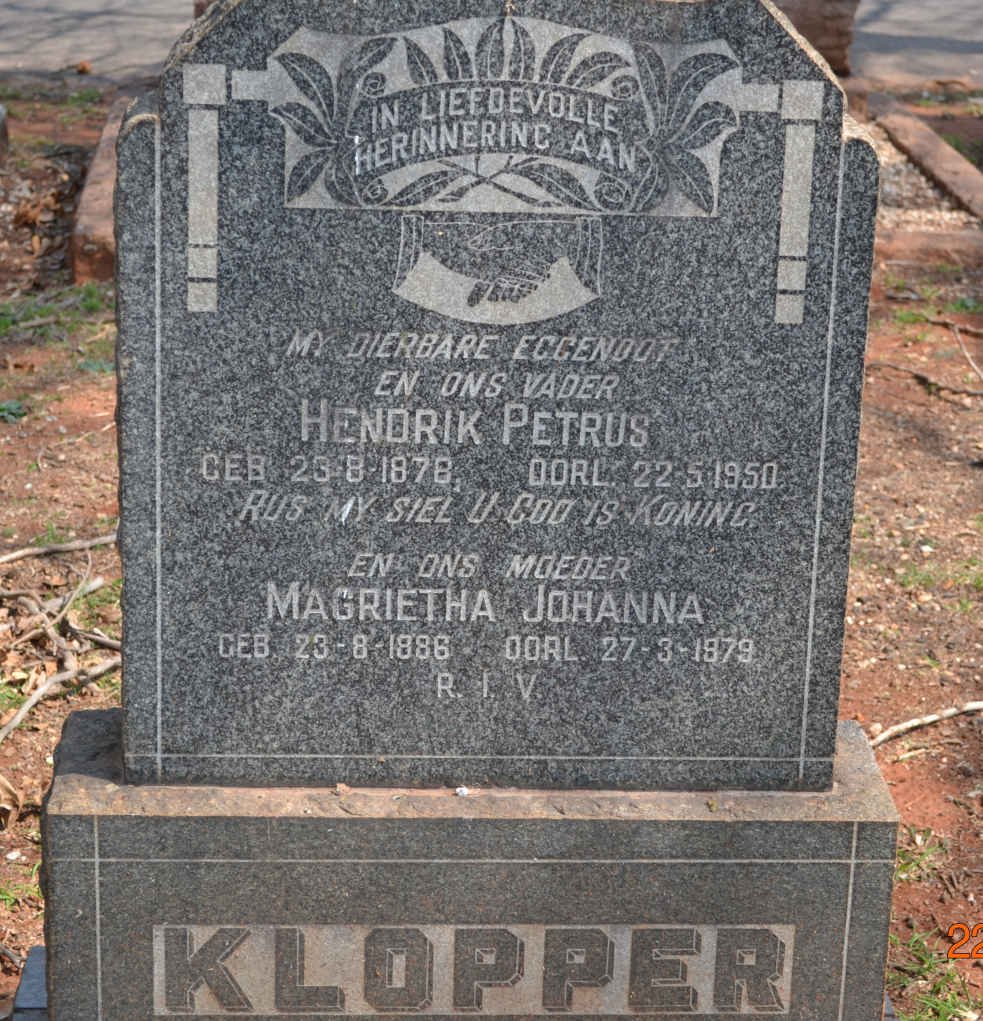 KLOPPER Hendrik Petrus 1878-1950 &amp; Magrietha Johanna 1886-1979