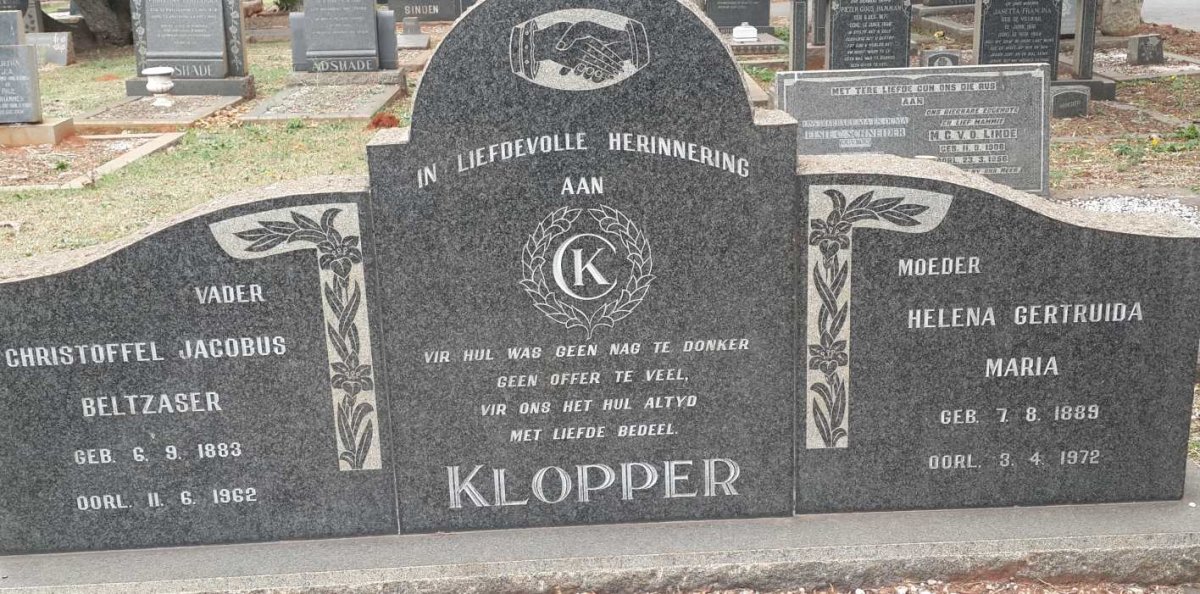 KLOPPER Christoffel Jacobus Beltzaser 1883-1962 &amp; Helena Gertruida Maria 1889-1972