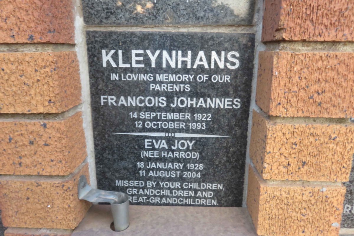 KLEYNHANS Francois Johannes 1922-1993 &amp; Eva Joy HARROD 1928-2004