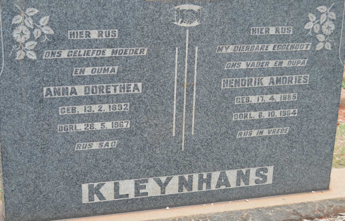 KLEYNHANS Hendrik Andries 1885-1964 &amp; Anna Dorethea 1892-1967