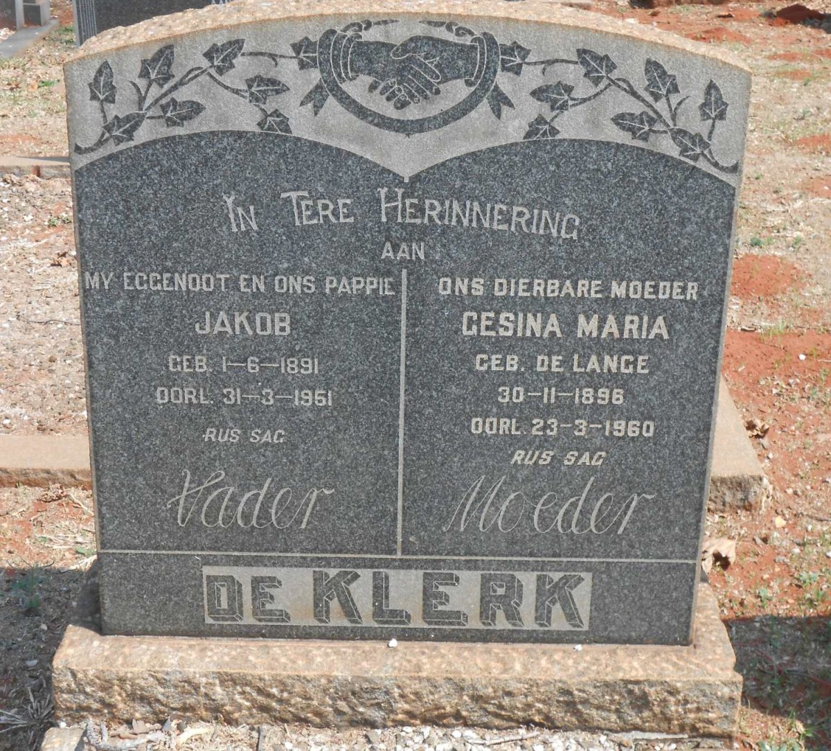 KLERK Jakob, de 1891-1951 &amp; Gesina Maria DE LANGE 1896-1960