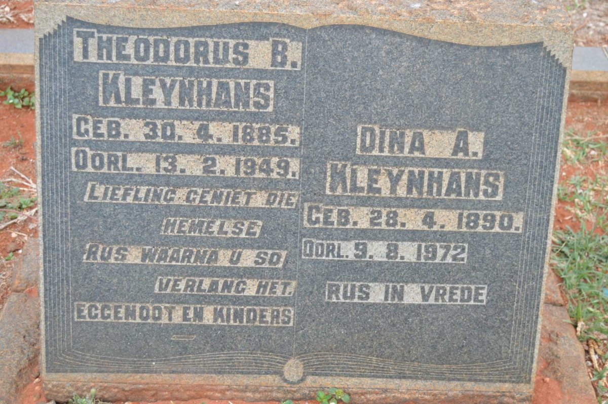 KLEYNHANS Theodorus B. 1885-1949 &amp; Dina A. 1890-1972