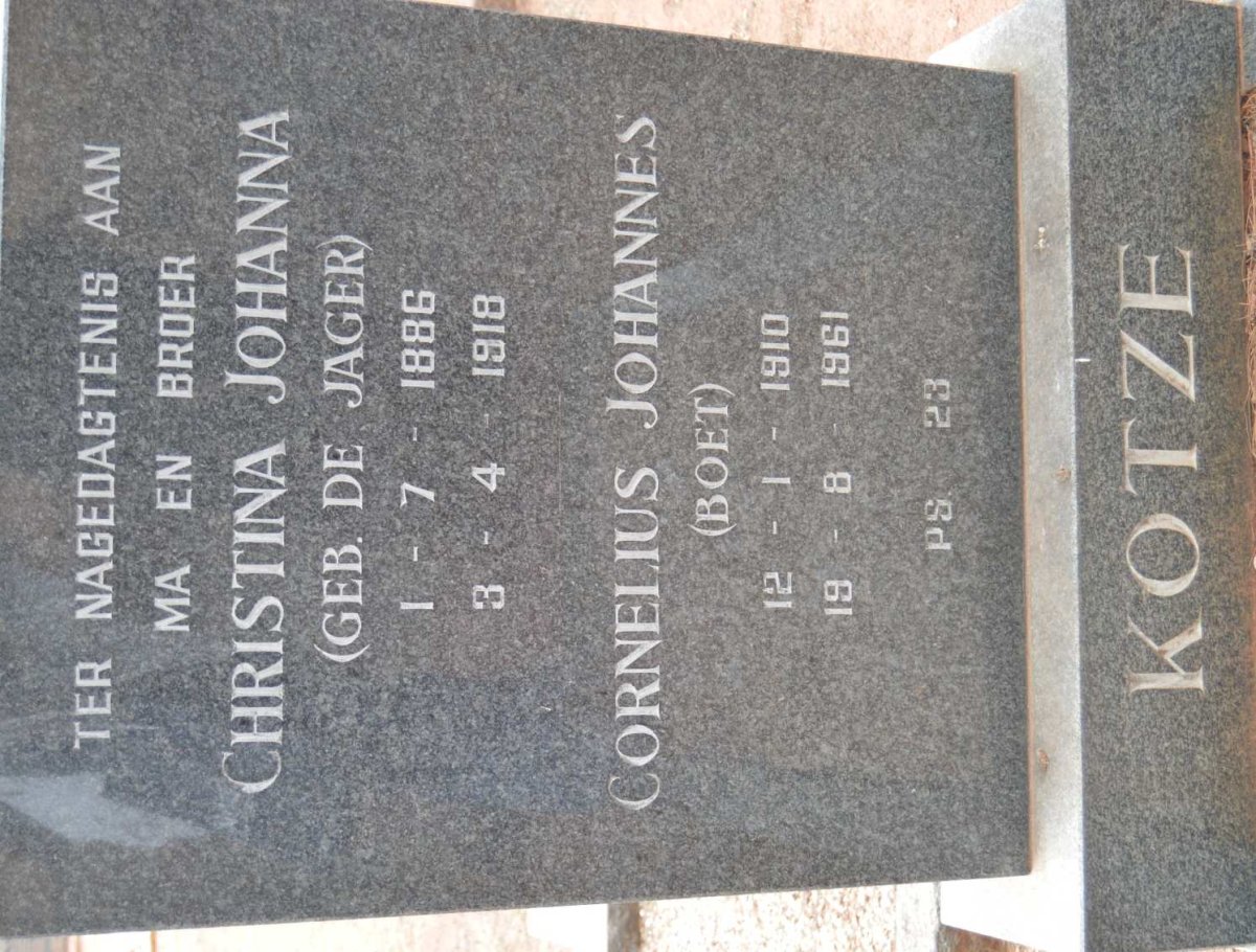 KOTZE Christina Johanna nee DE JAGER 1886-1918 :: KOTZE Cornelius Johannes 1910-1961