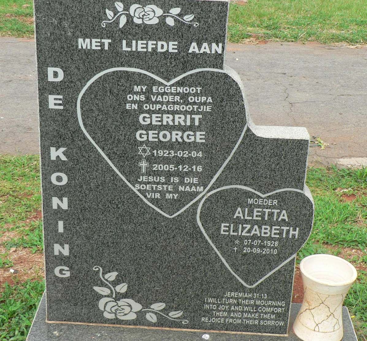 KONING Gerrit George, de 1923-2005 &amp; Aletta Elizabeth 1928-2010