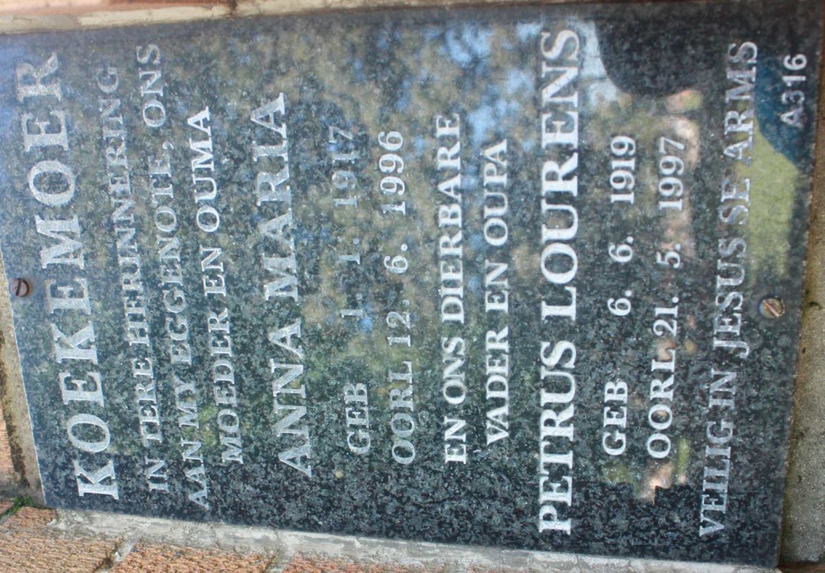 KOEKEMOER Petrus Lourens 1919-1997 &amp; Anna Maria 1917-1996