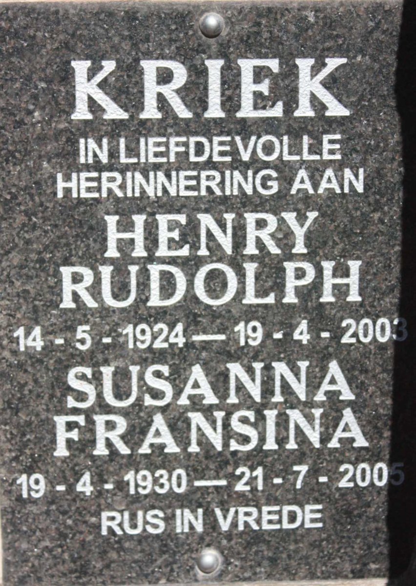 KRIEK Henry Rudolph 1924-2003 &amp; Susanna Fransina 1930-2005