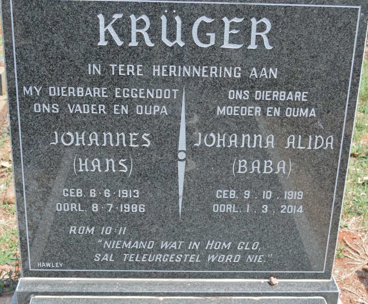 KRÜGER Johannes 1913-1986 &amp; Johanna Alida 1919-2014