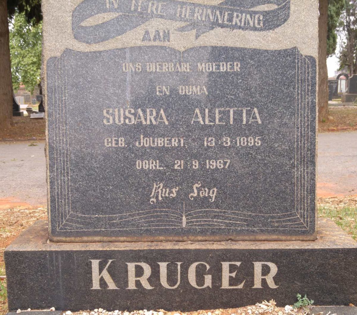 KRUGER Susara Aletta nee JOUBERT 1895-1967