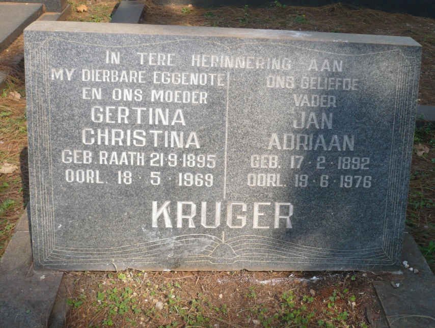 KRUGER Jan Adriaan 1892-1976 &amp; Gertina Christina RAATH 1895-1969