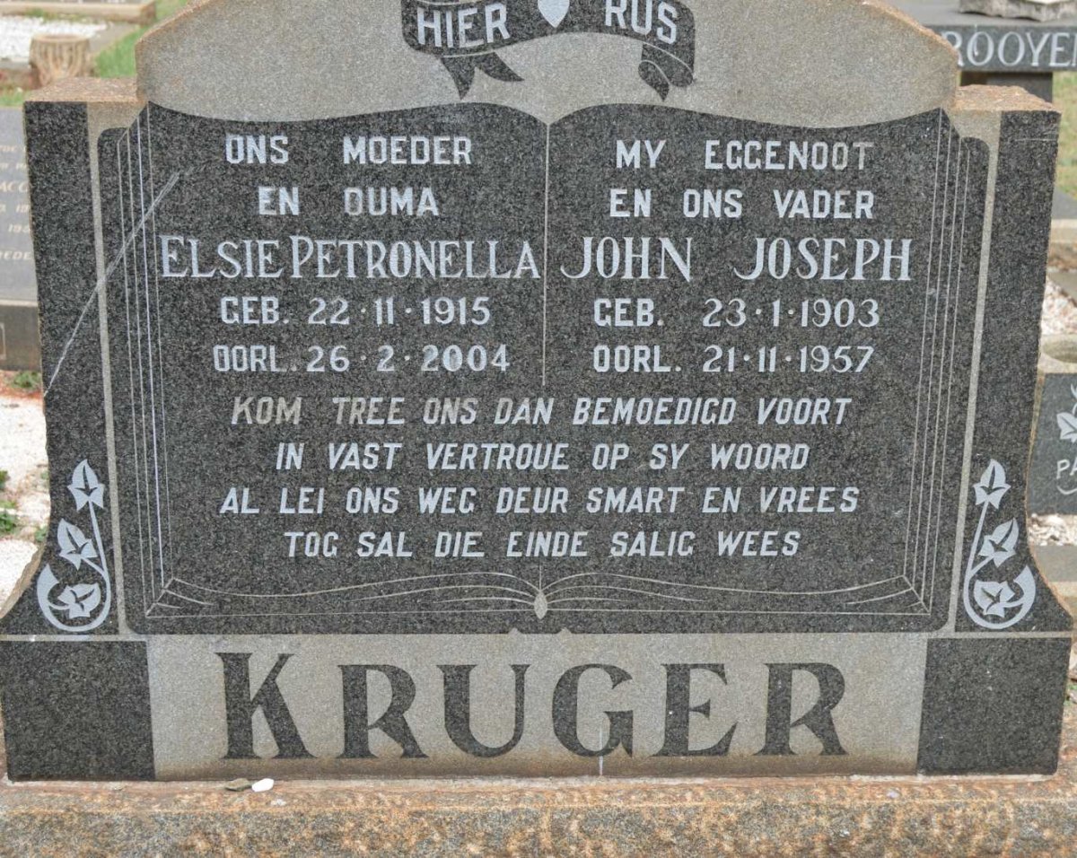 KRUGER John Joseph 1903-1957 &amp; Elsie Petronella 1915-2004