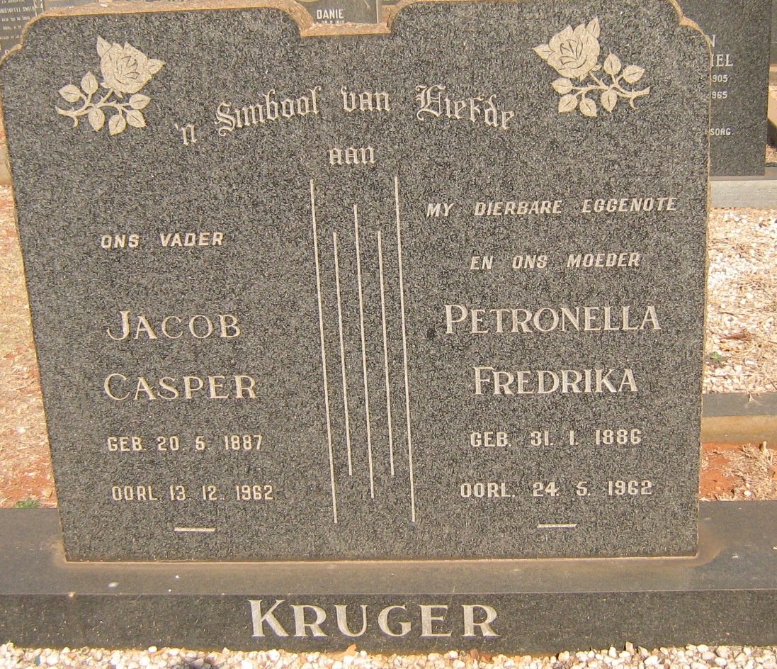 KRUGER Jacob Casper 1887-1962 &amp; Petronella Fredrika 1886-1962