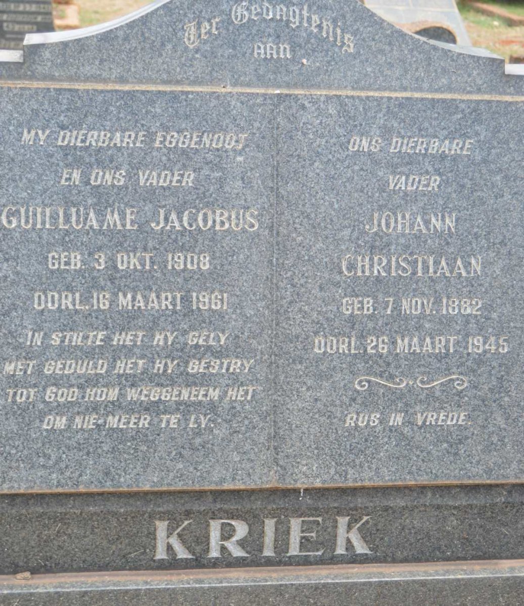 KRIEK Johann Christiaan 1882-1945 :: KRIEK Guilluame Jacobus 1908-1961