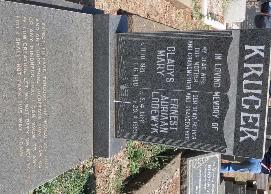KRUGER Ernest Adriaan Lodewyk 1922-1993 &amp; Gladys Mary 1921-1988