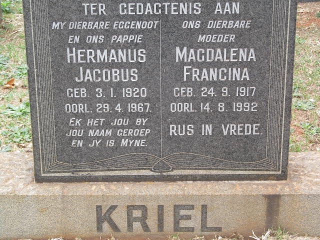 KRIEL Hermanus Jacobus 1920-1967 &amp; Magdalena Francina 1917-1992