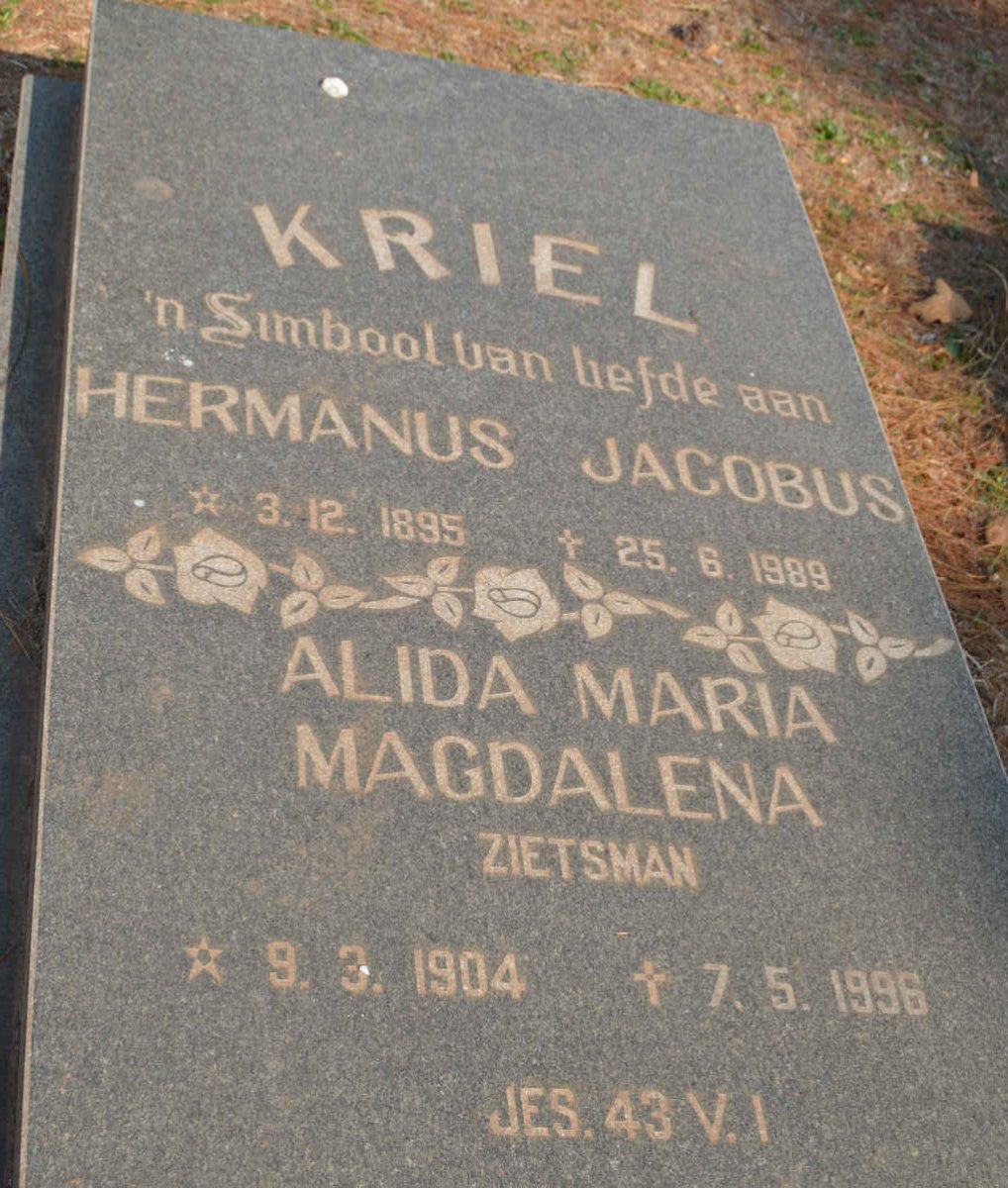 KRIEL Hermanus Jacobus 1895-1989 &amp; Alida Maria Magdalena ZIETSMAN 1904-1996