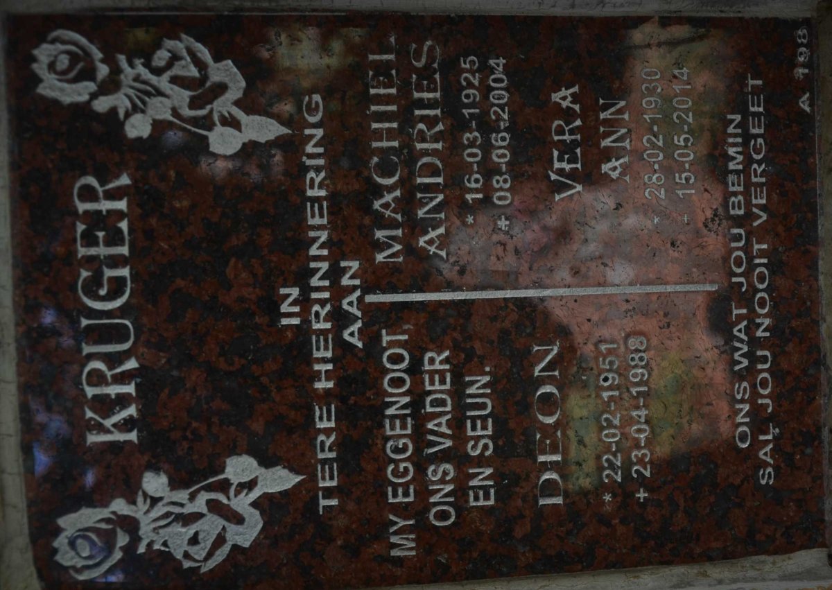 KRUGER Machiel Andries 1925-2004 &amp; Vera Ann 1930-2014 :: KRUGER Deon 1951-1988