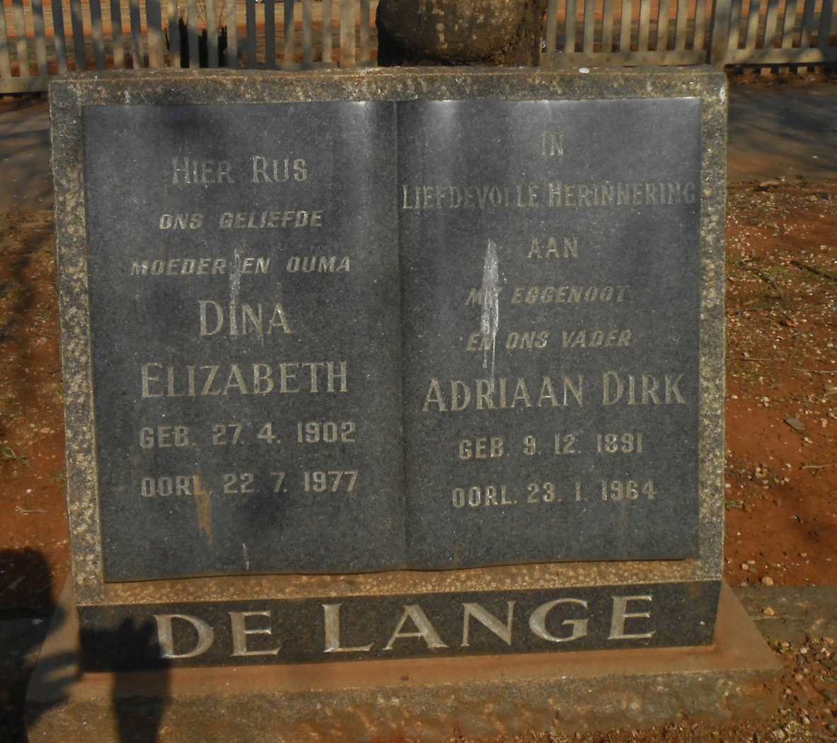 LANGE Adriaan Dirk, de 1891-1964 &amp; Dina Elizabeth 1902-1977