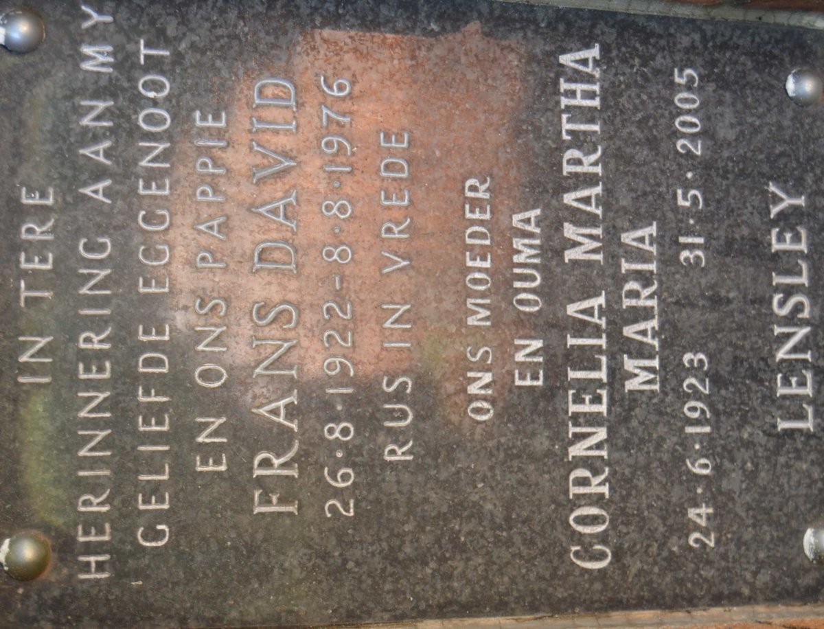 LENSLEY Frans David 1922-1976 &amp; Cornelia Martha Maria 1923-2005