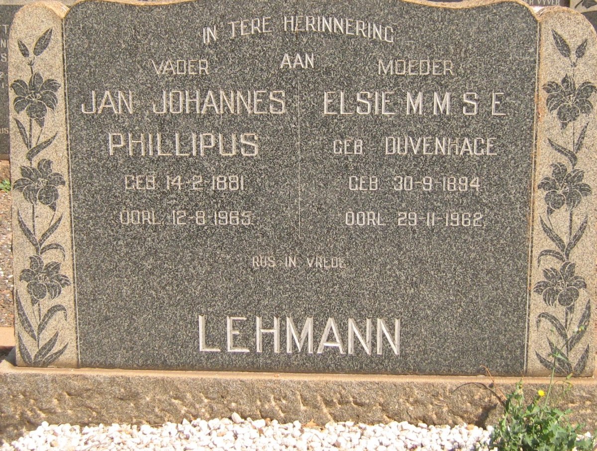 LEHMANN Jan Johannes Phillipus 1881-1965 &amp; Elsie M.M.S.E. DUVENHAGE 1894-1962