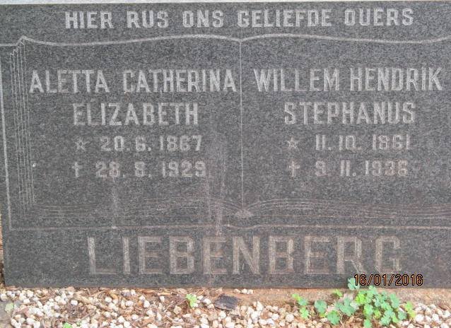 LIEBENBERG Willem Hendrik Stephanus 1861-1936 &amp; Aletta Catherina Elizabeth 1867-1929
