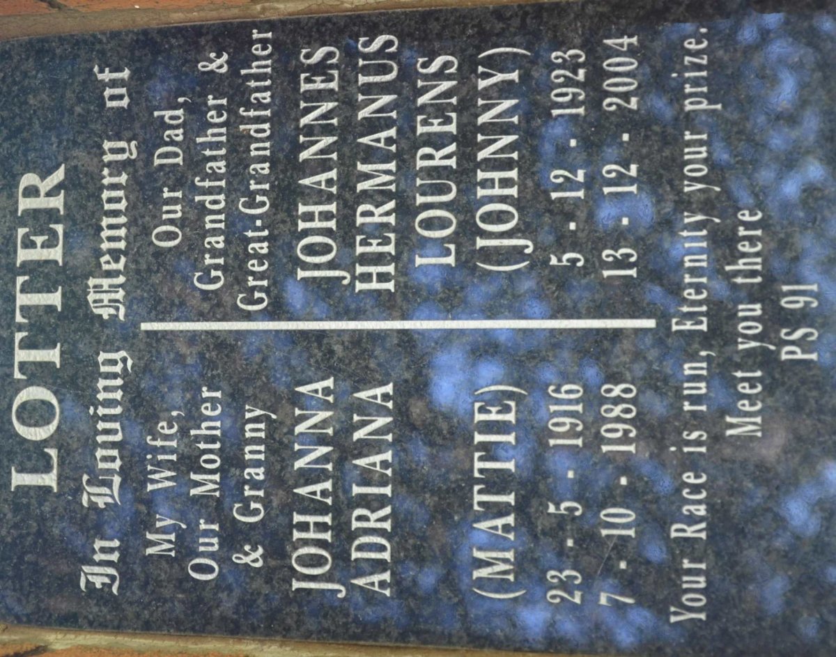 LOTTER Johannes Hermanus Lourens 1923-2004 &amp; Johanna Adriana 1916-1988